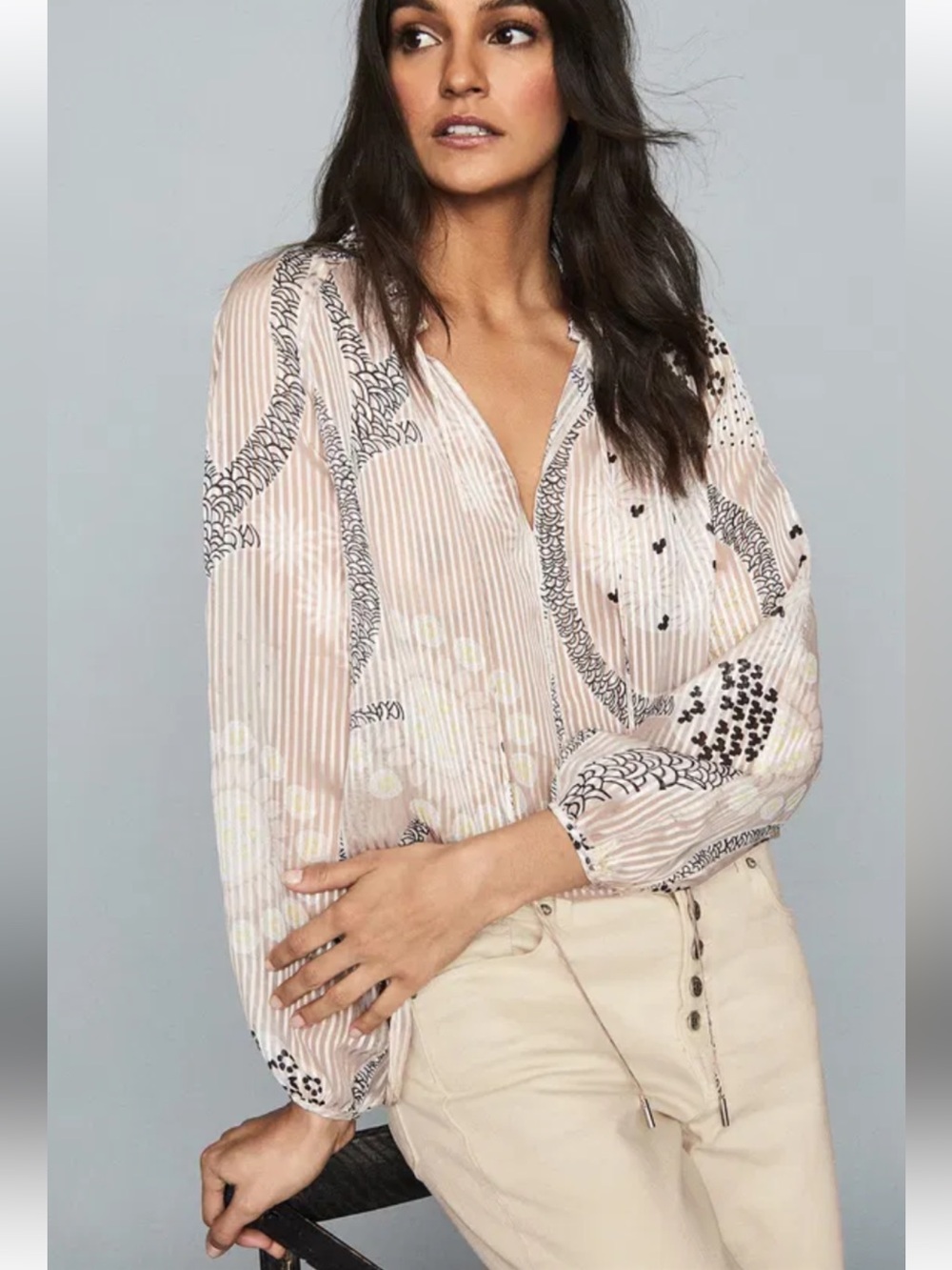 New REISS Hailey Paisley Print Sheer Blouse